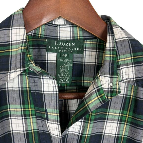 Lauren Ralph Lauren Women's Petite 4 Green Navy Plaid Button Down Emblem Shirt - Picture 2 of 5